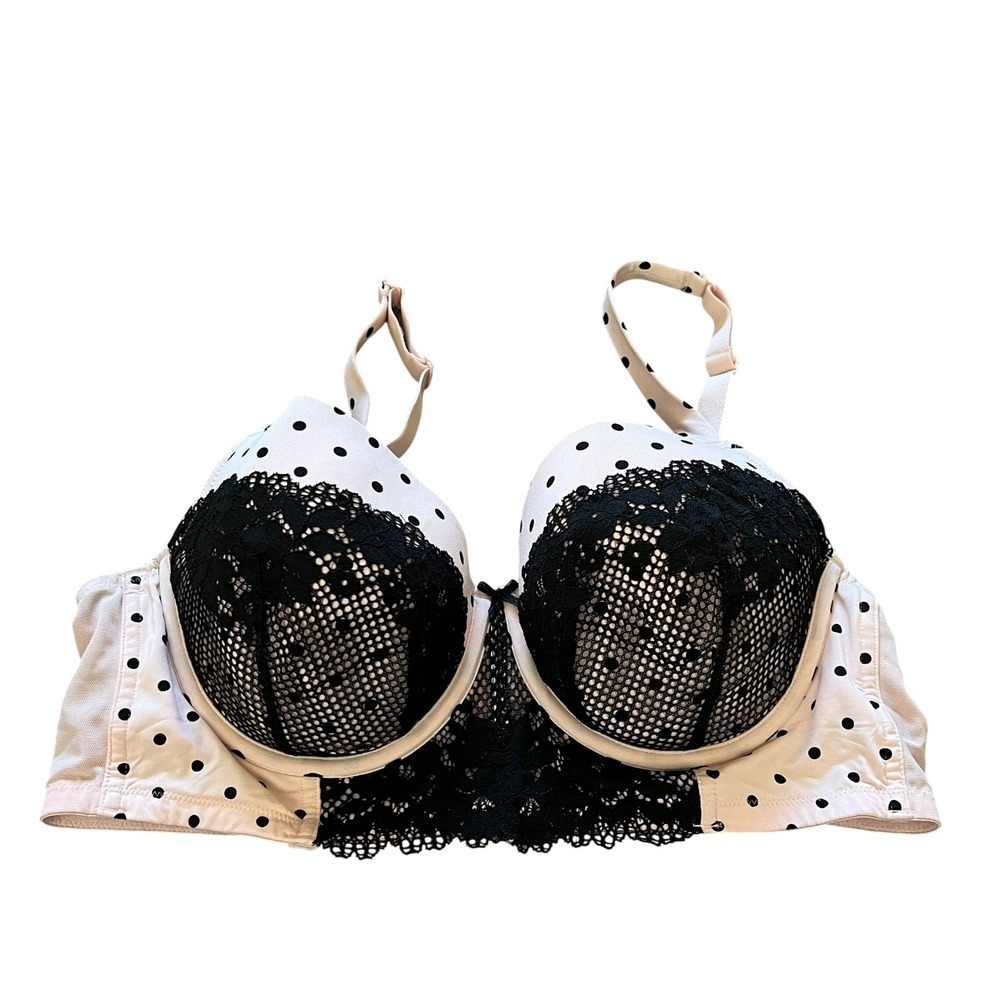 Cacique Pink Polka Dot Black Lace Lightly Lined Balconette Bra 40C 5256